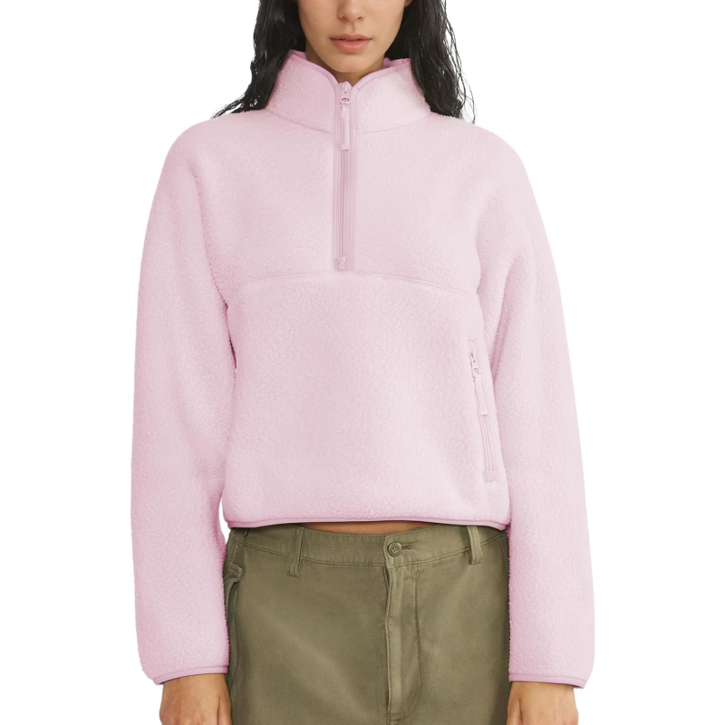 Womens Cropped Half Zip Fuzzy Warm Sherpa Fleece Pullover with Zipper Pockets