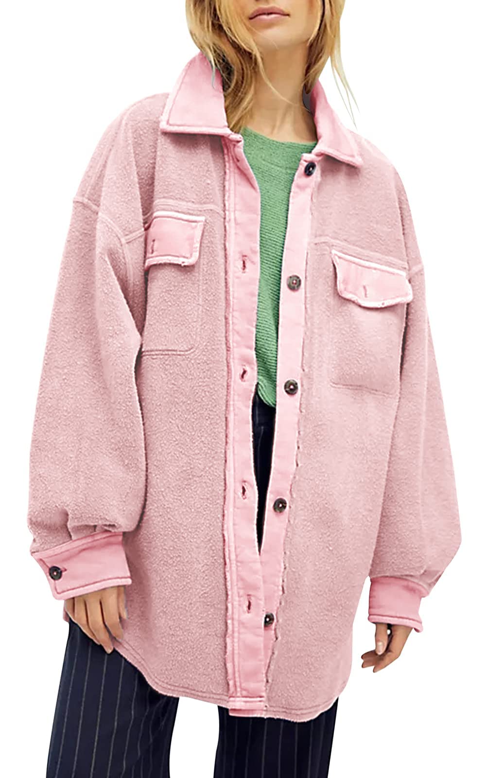 HOT SALE Women's Oversized Fleece Long Sleeve Button Down Shirt Jacket