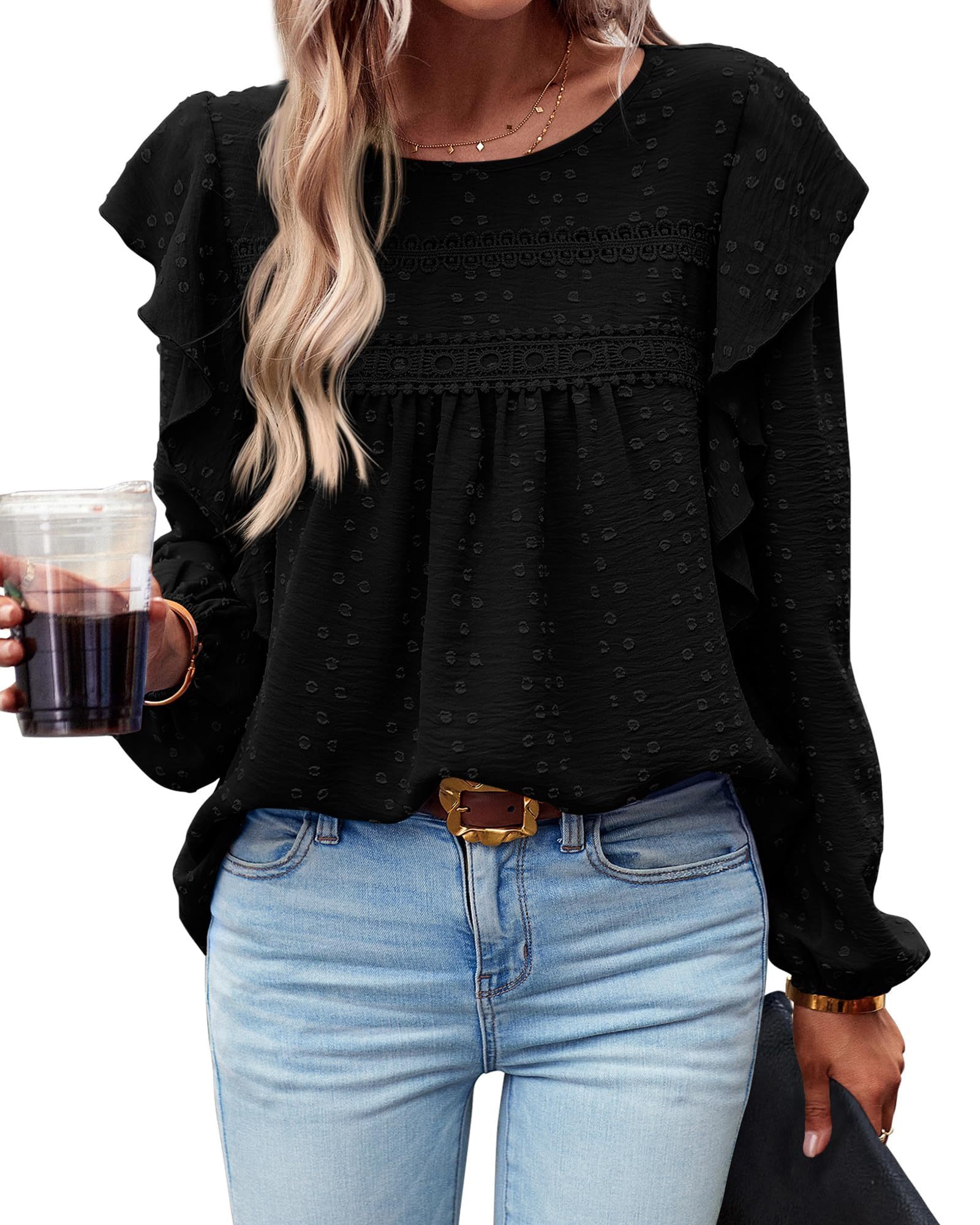 HOT SALE Women's Long Sleeve Ruffle Swiss Dot Crochet Tops