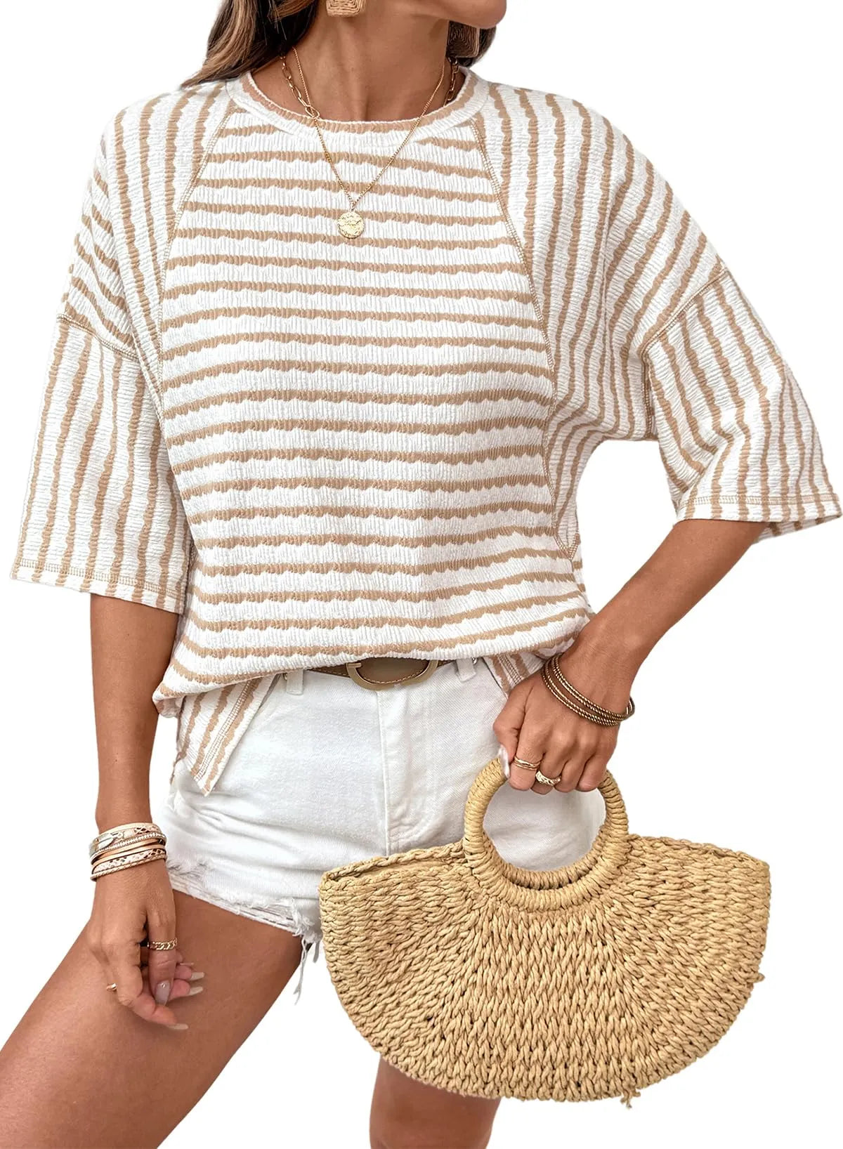 Women Stripe Textured Knit Split Hem Top (buy 2 free shipping)
