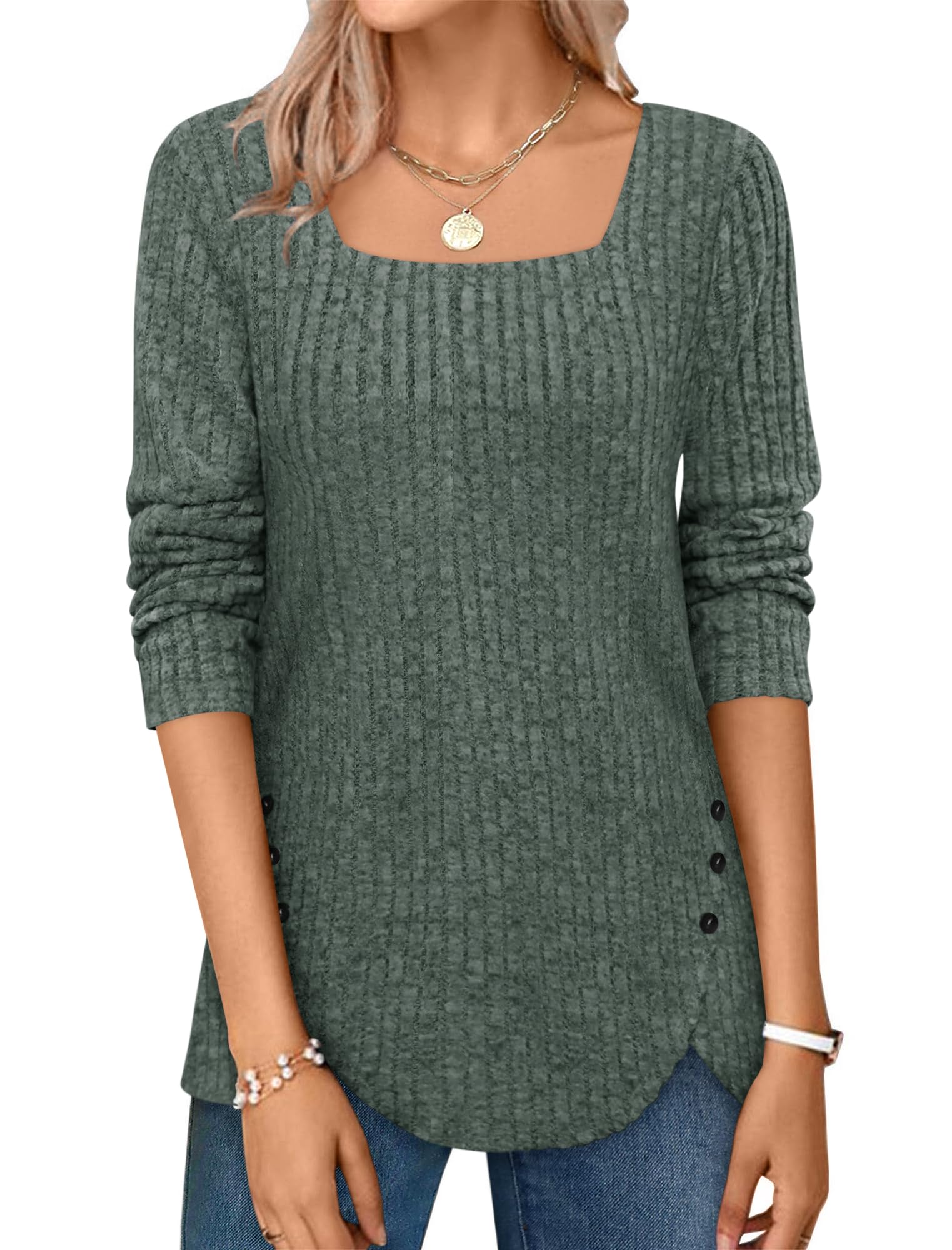 ⏰Hot Sale-2024 Squared Neck Sweater Ribbed Knit Tunic Tee Shirts