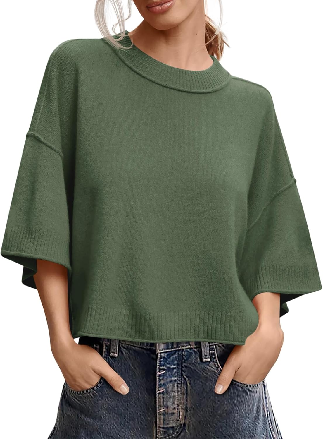 Womens Short Sleeve Oversized Crop Sweater Tops