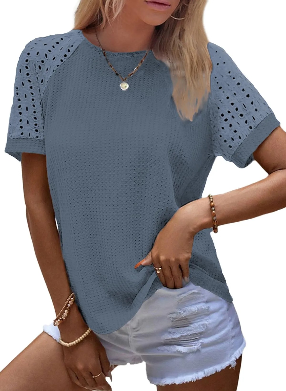 HOT SALE Women's Casual Crew Neck Hollow Out Raglan Short Sleeve Waffle Knit Tops