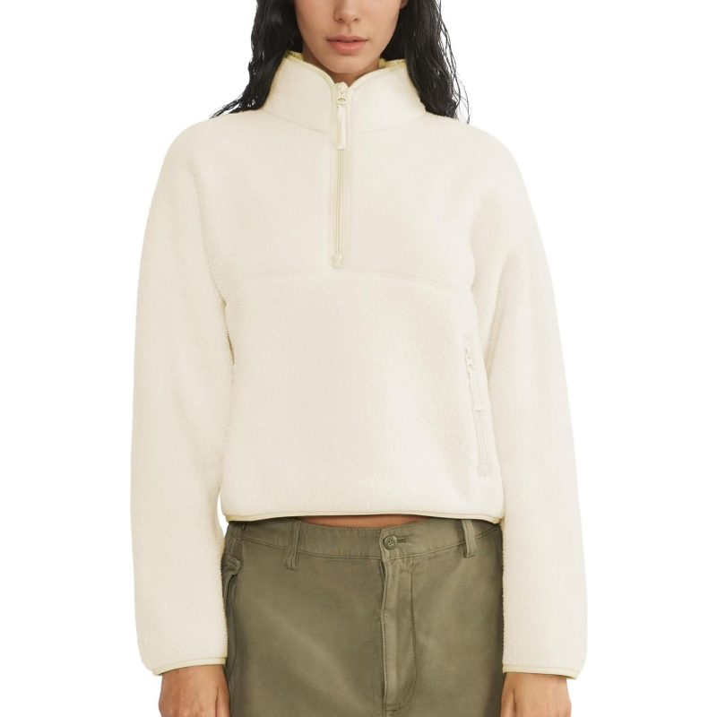 Womens Cropped Half Zip Fuzzy Warm Sherpa Fleece Pullover with Zipper Pockets