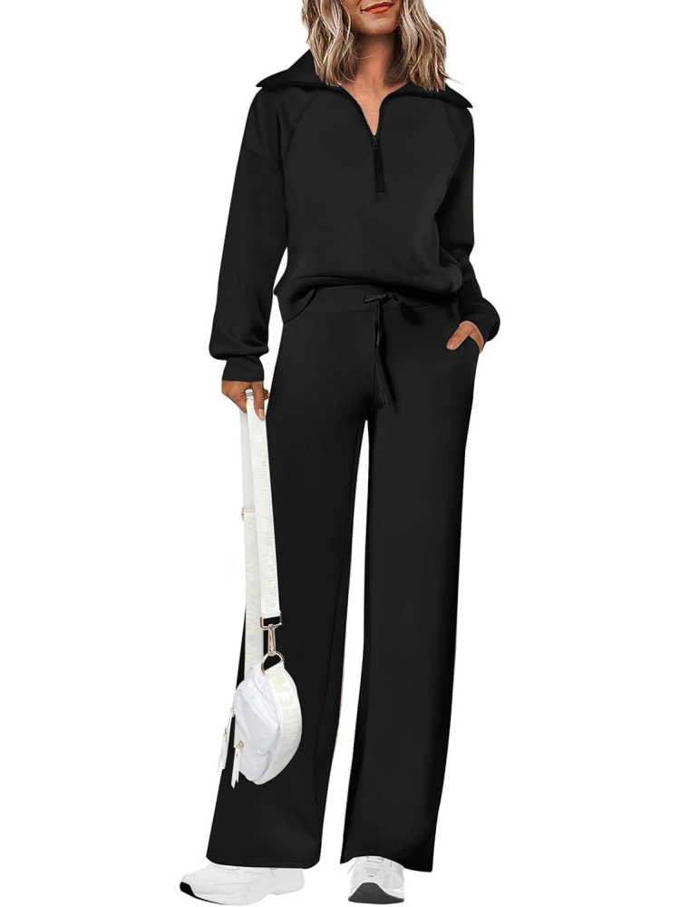 Women's Lapel Half Zip Sweatshirts And Wide Leg Pants Tracksuit Sets (Buy 2 Free Shipping)