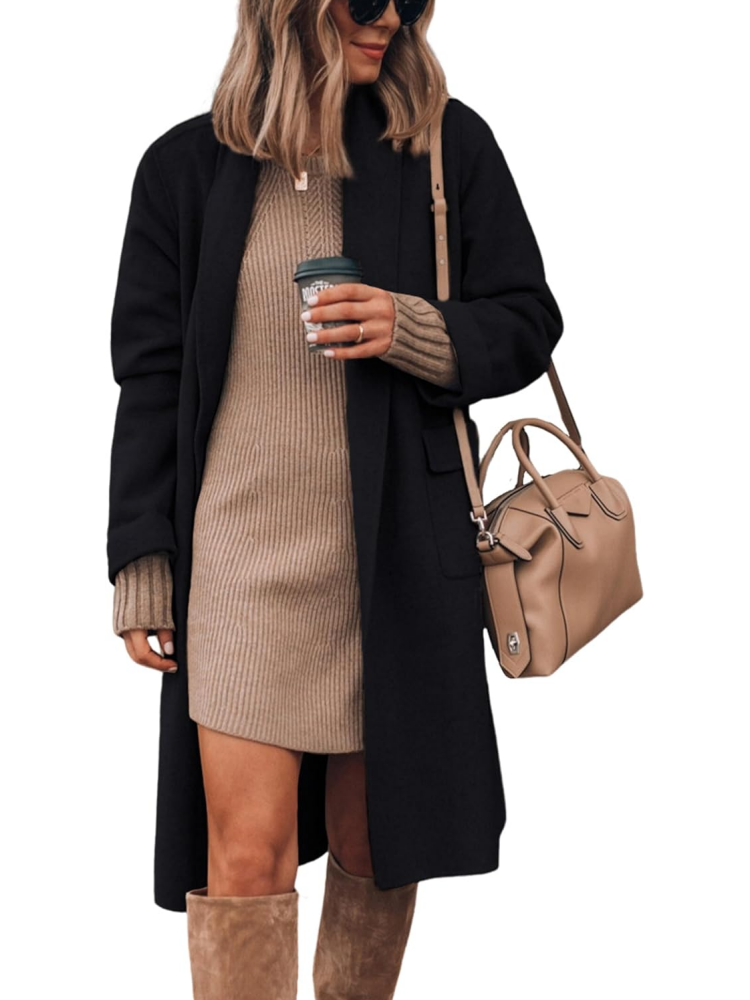 Women's Long Cardigan Wool Coat Open Front Pockets Warm Lapel Jacket Coat