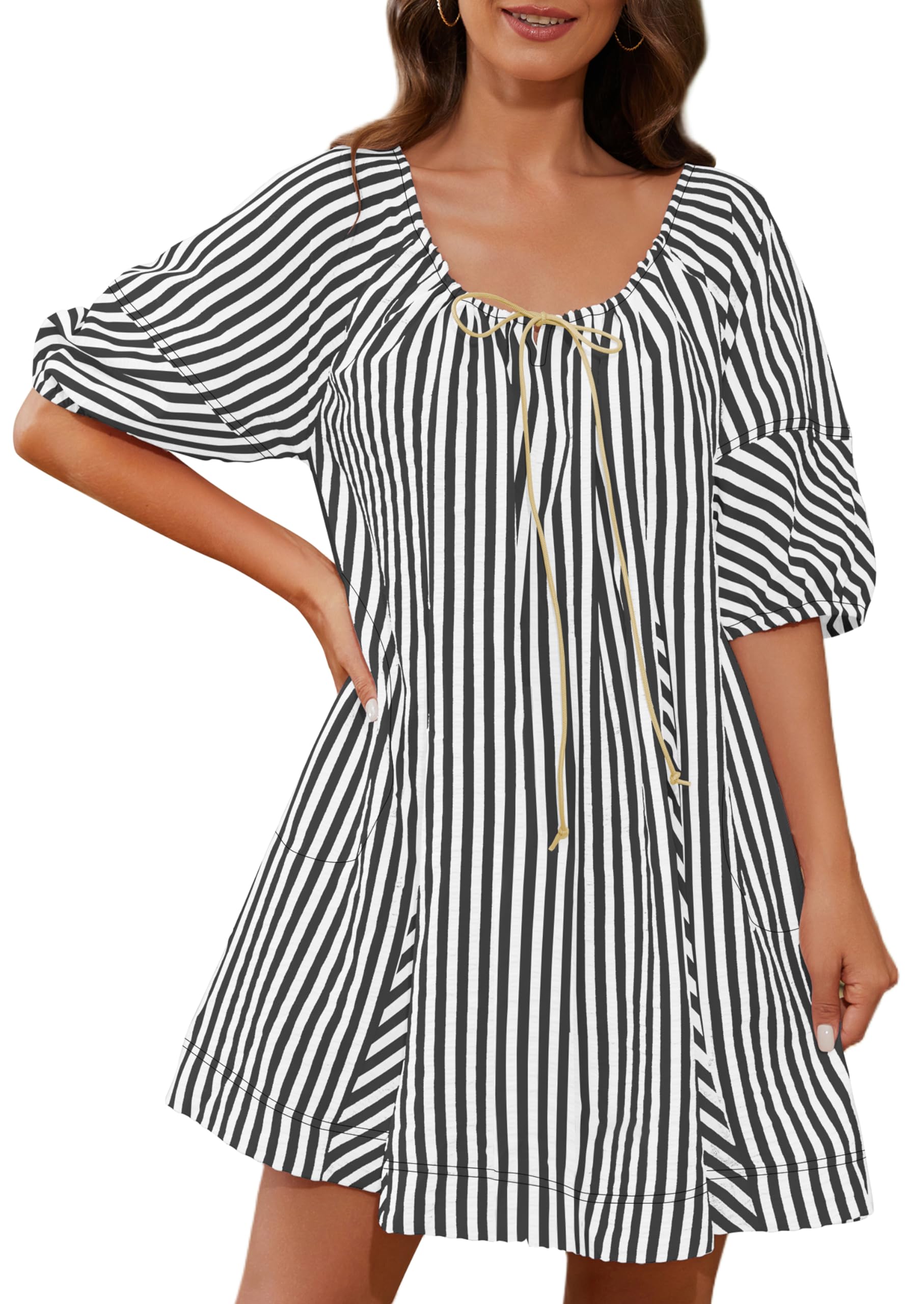 🔥2024 Summer Hot🔥Striped Puff Sleeve Scoop Neck Keyhole Back Swing Dress