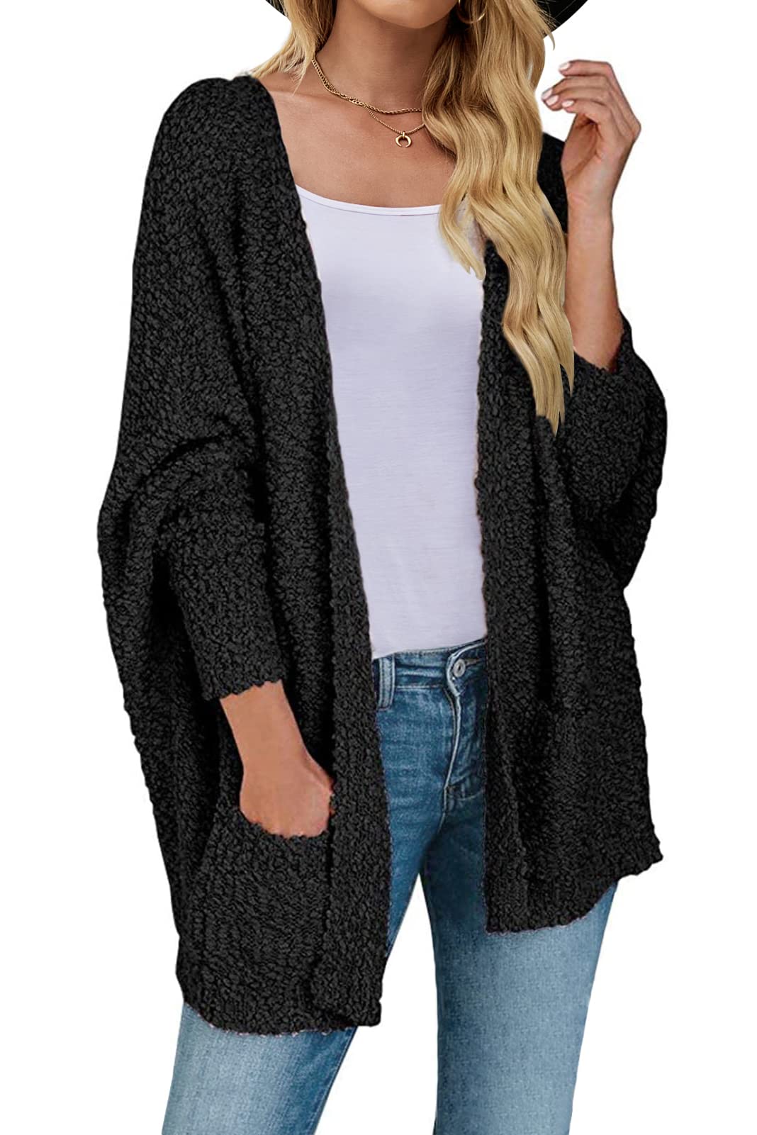 Women's 2024 Fall Winter Popcorn Long Sleeve Open Front Chunky Knit Oversized Cardigan Sweater Coat