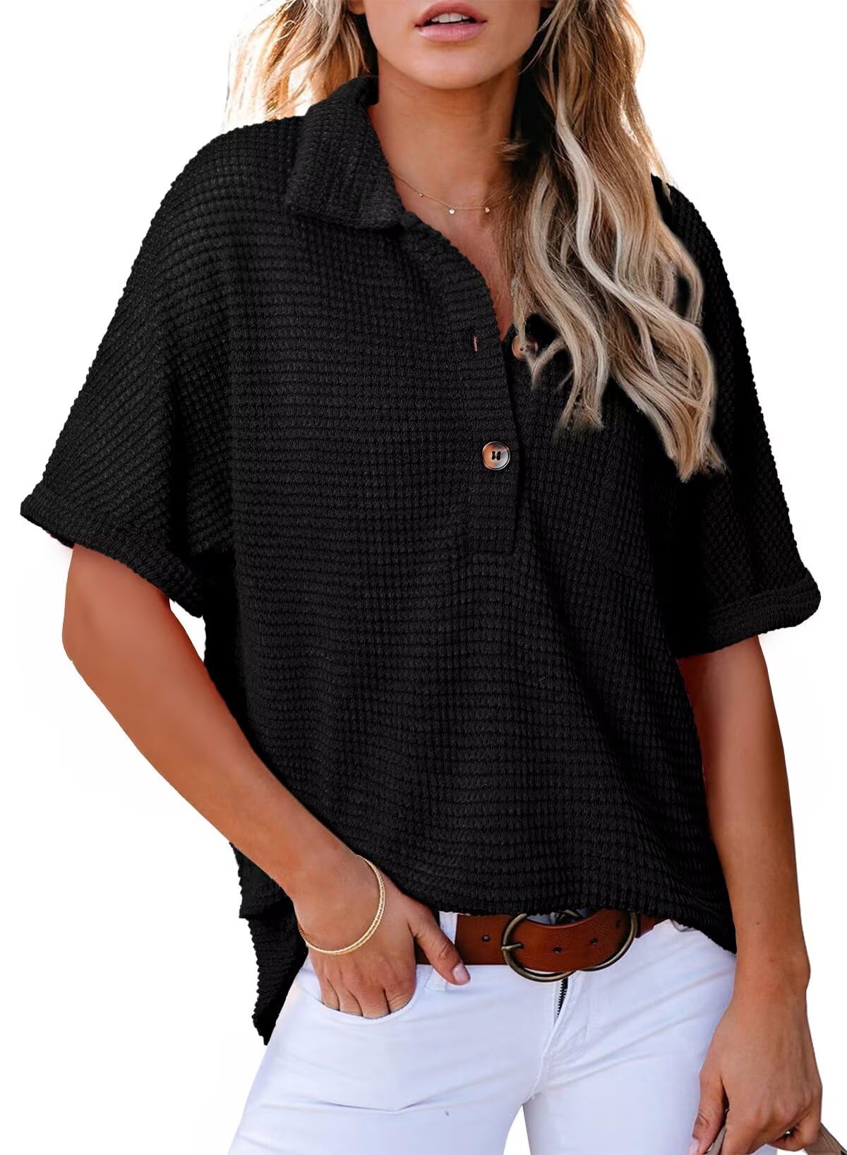2025 New Women's Waffle Knit Short Sleeve Tunic Henley Shirts(buy 2 10% OFF)