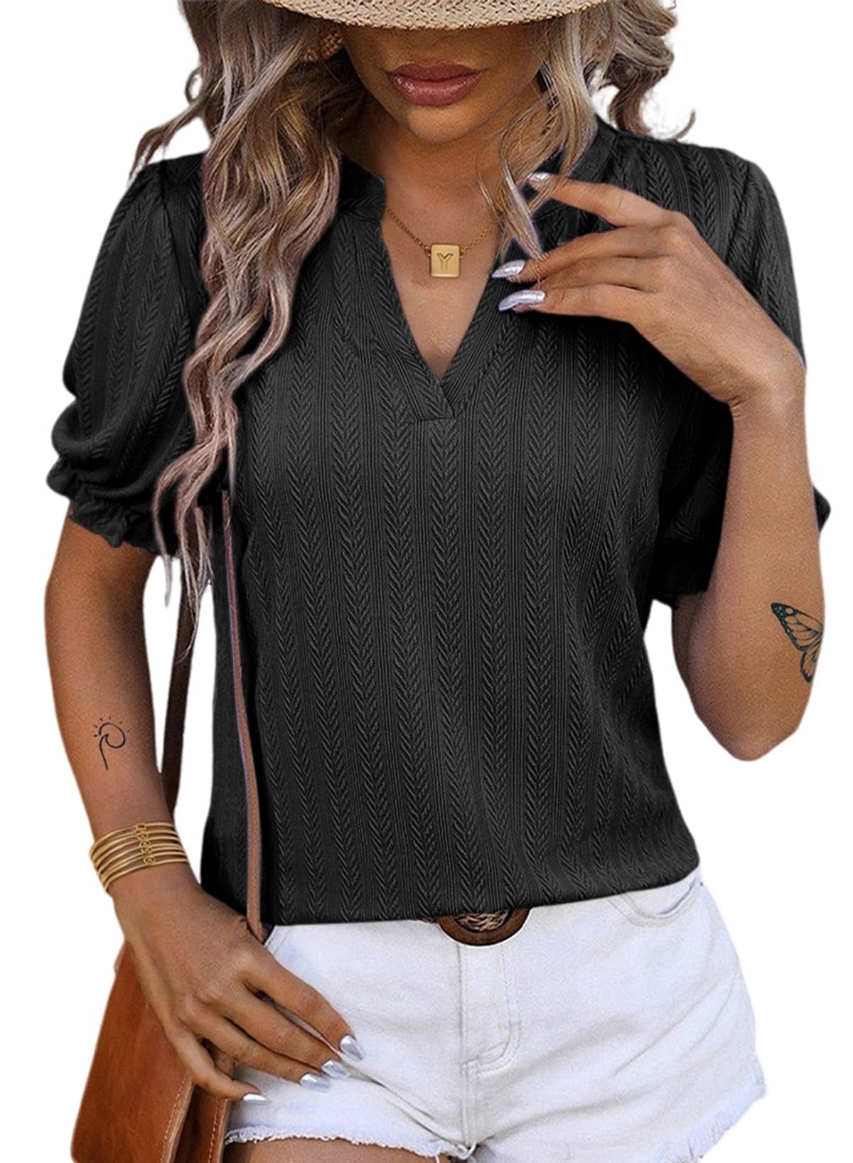 2025 New Womens Short Puff Sleeves Blouses V Neck Knit Textured Tops(buy 2 free shipping)