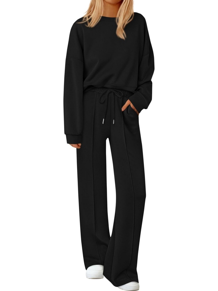 Womens Trendy Long Sleeve Sweatshirt Wide Leg Pants Loungewear Set