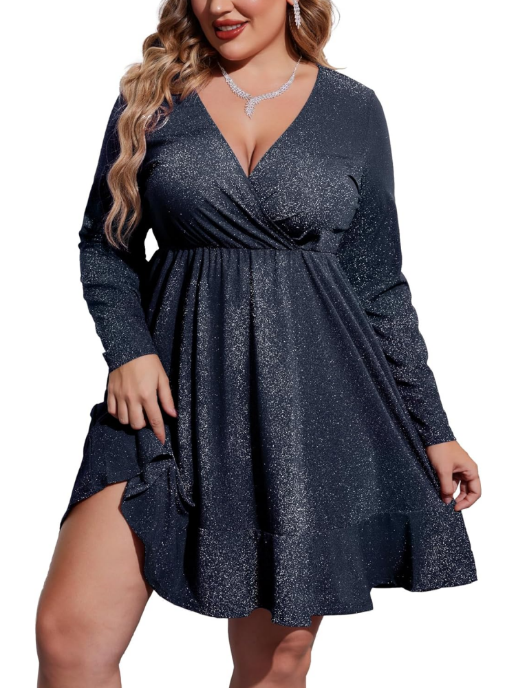 Womens Glitter Dress V Neck Long Sleeve Ruffle Hem Glitter Dress
