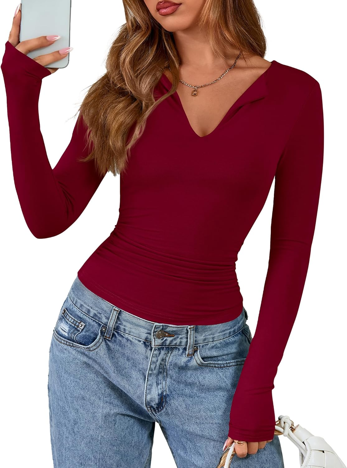Women Fashion V Neck Knit Ruched Slim Fit Casual Basic Tees