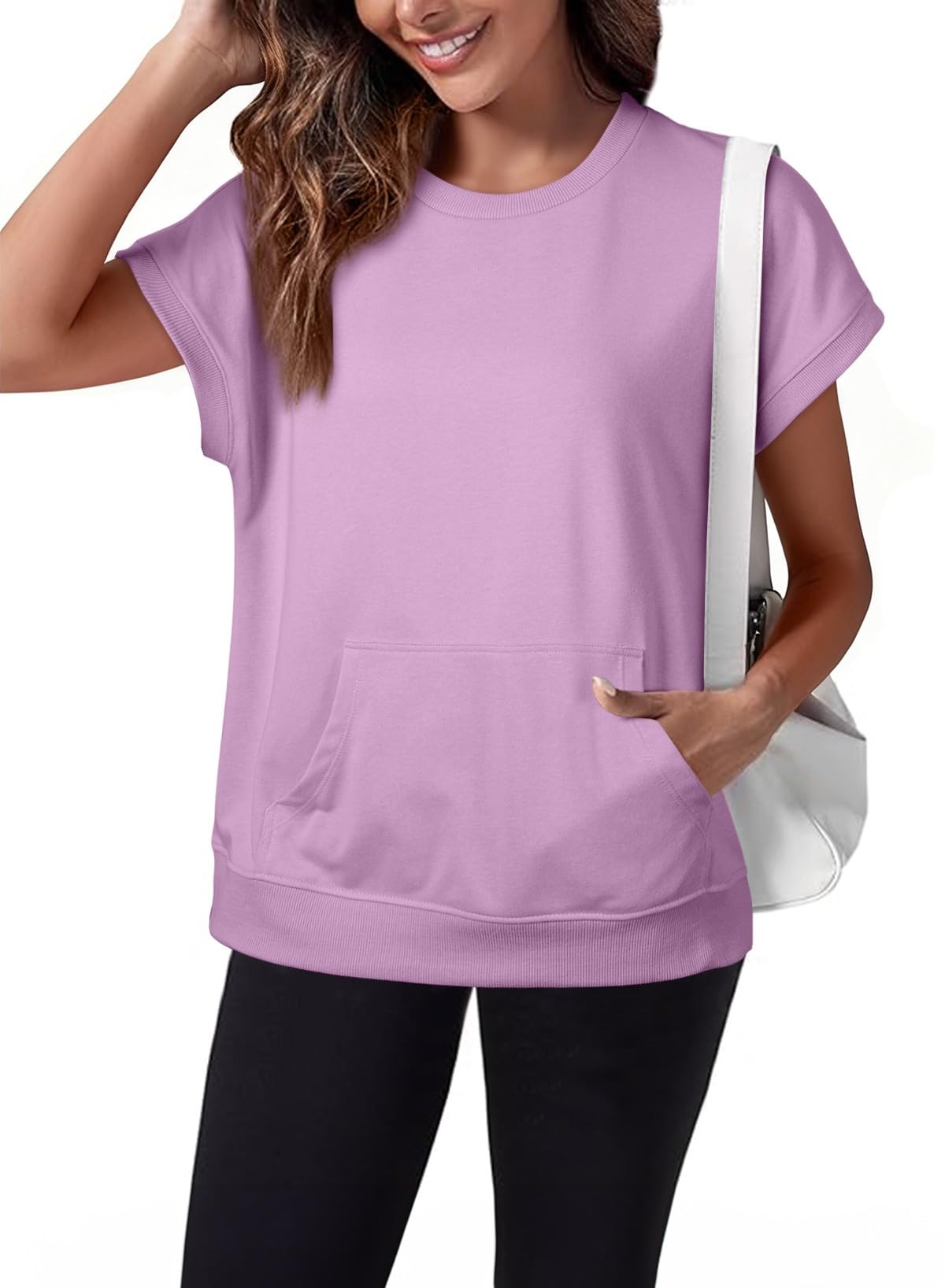 Women's Casual Round Neck Loose Fit Top with Kangaroo Pocket