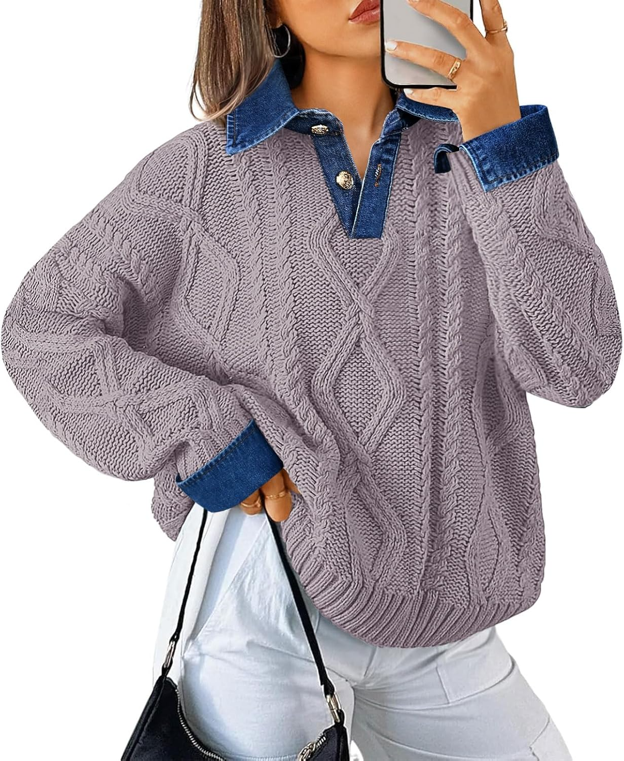 Womens Oversized Denim Polo Neck Cable Knit Sweaters 