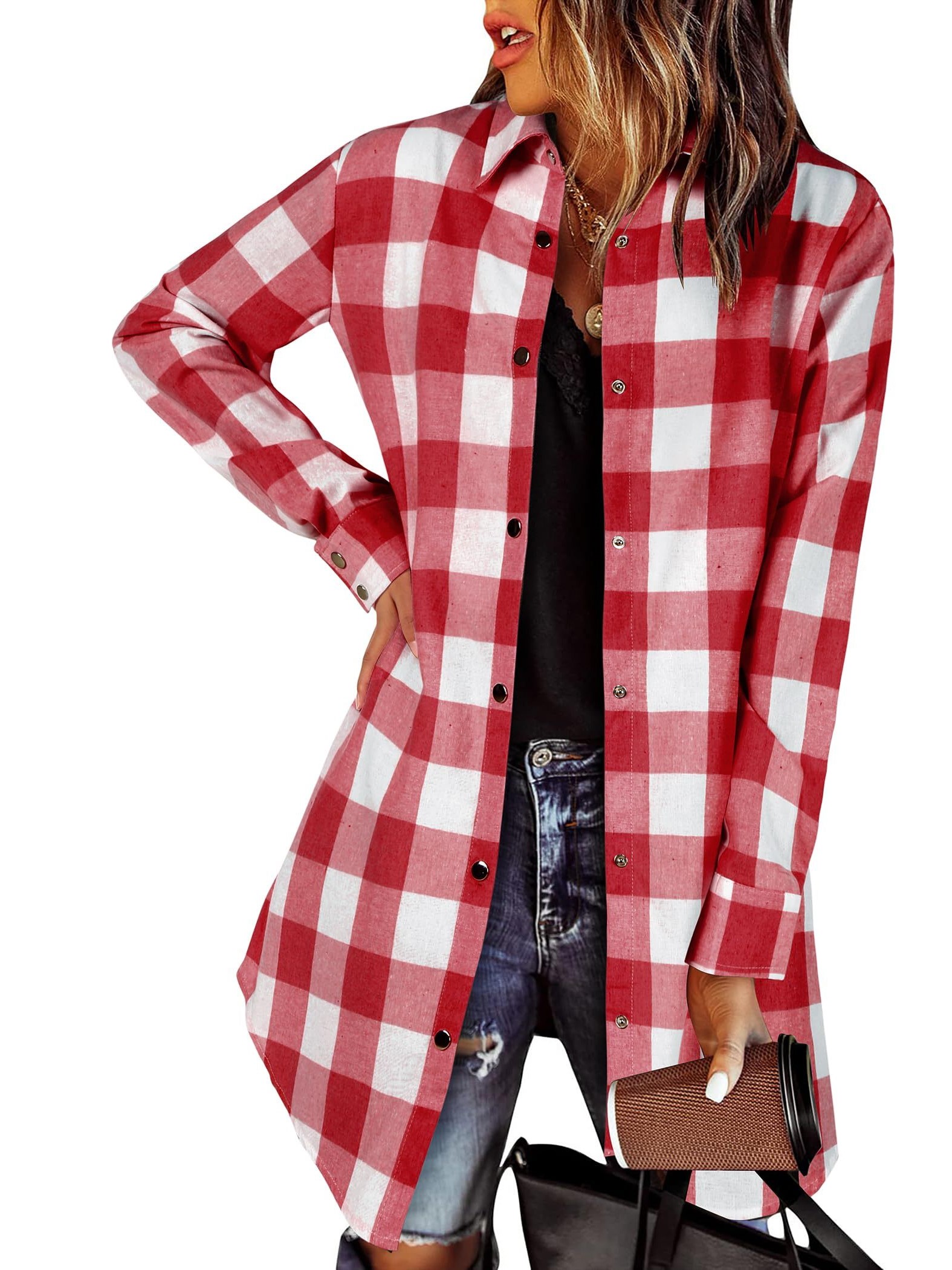 Women's Flannel Long Sleeve Plaid Button Down Shirts