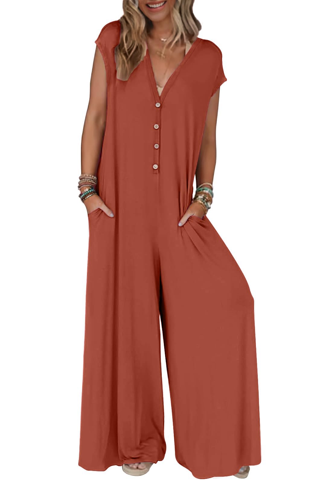 Women's 2025 Summer Cap Sleeve Jumpsuits Deep V Neck Button Onesie Wide Leg Pants Rompers(buy 2 free shipping)