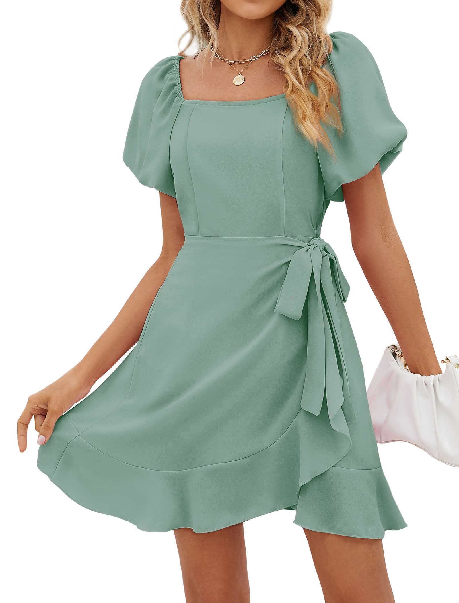 HOT SALE Women's Square Neck Puff Sleeve Tie Waist Short Dress