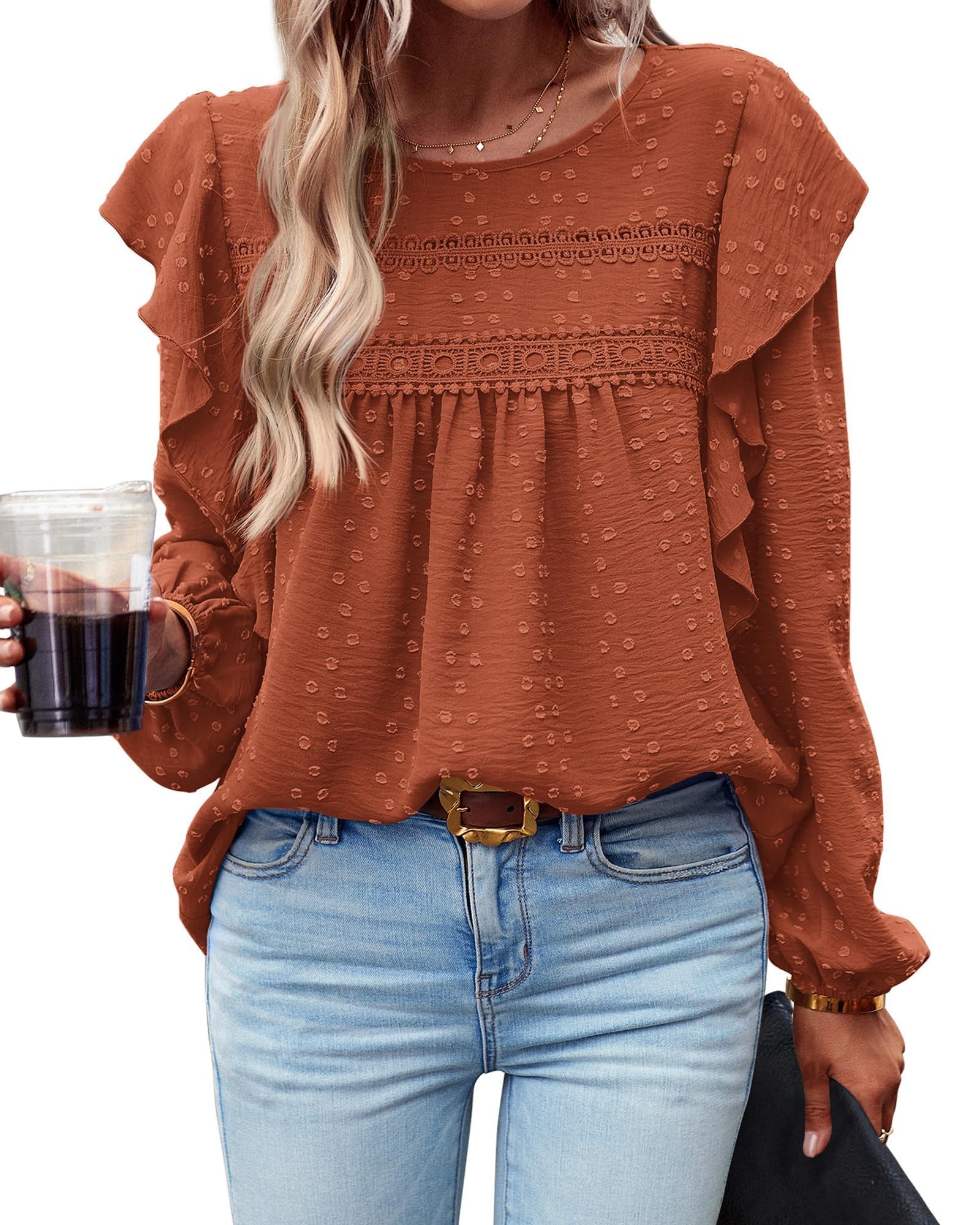 HOT SALE Women's Long Sleeve Ruffle Swiss Dot Crochet Tops