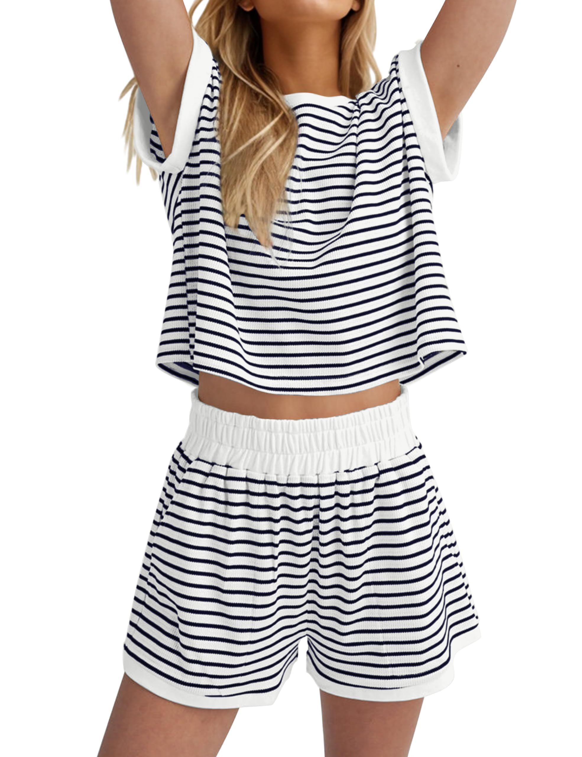 Women Summer Striped Short Sleeve Tee Shirts Mini Shorts 2 Piece Lounge Sets