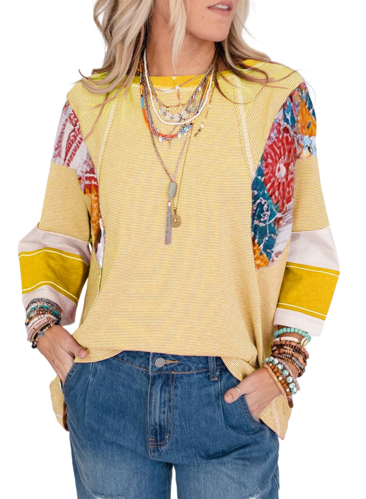 2025 New Women's 3/4 Length Sleeve Oversized Striped Patchwork Shirts(buy 2 free shipping)