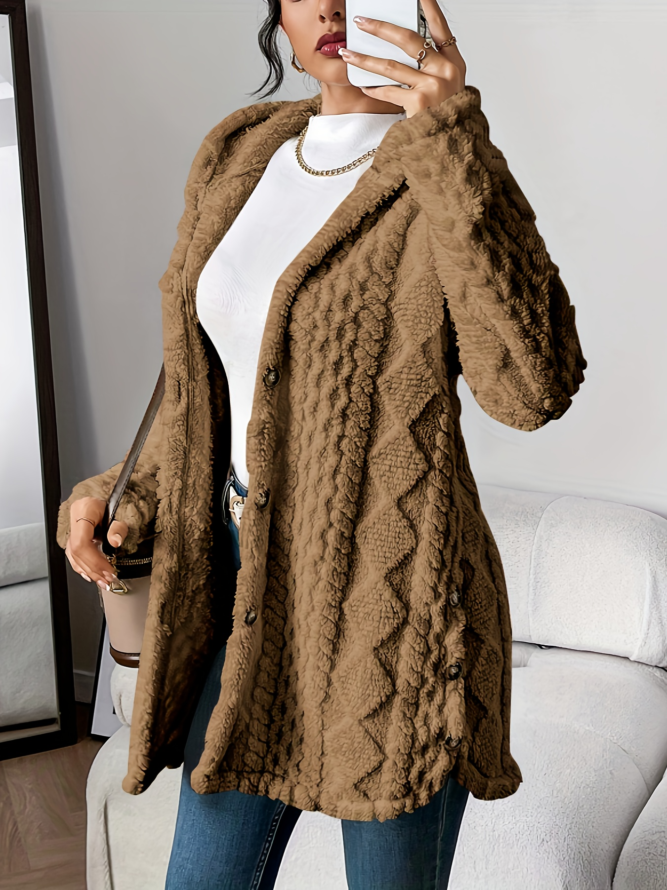 Womens Cozy Quilted Faux Fur Hooded Cardigan
