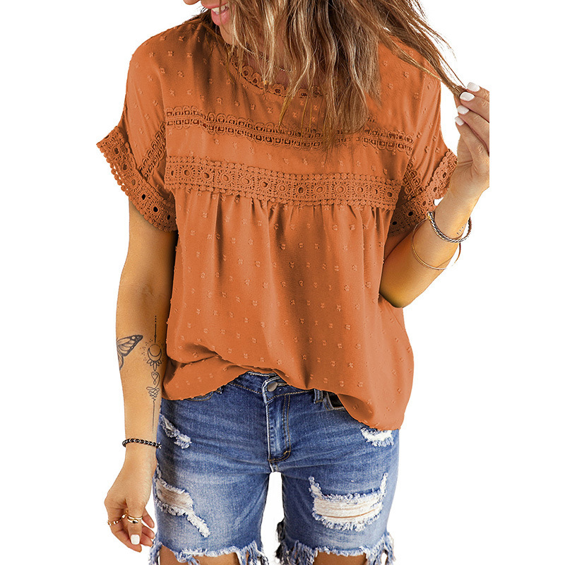 Women Short Sleeve Top Lace Crewneck T Shirt (buy 2 free shipping)