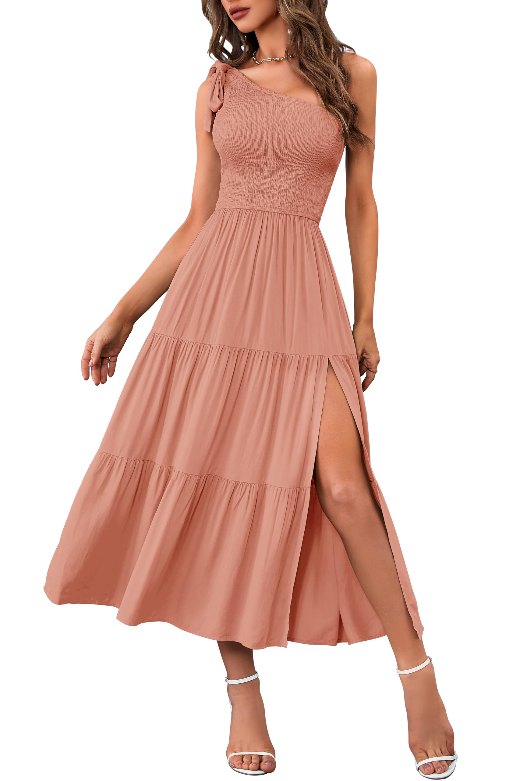 Women's Summer One Shoulder Sleeveless Knot Smocked Midi Dress