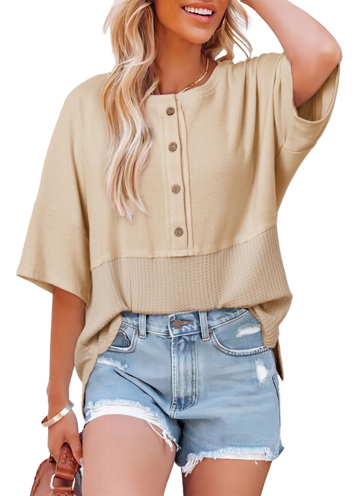 2025 New Women's 3/4 Sleeve Casual Button Down Waffle Knit Tops(buy 3 free shipping)