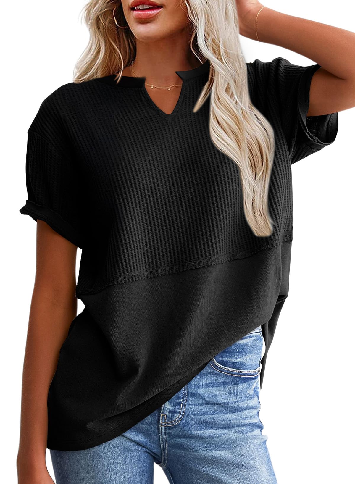 2025 New Women's Casual V Neck Waffle Knit Tops Short Sleeve T Shirts(buy 2 free shipping)