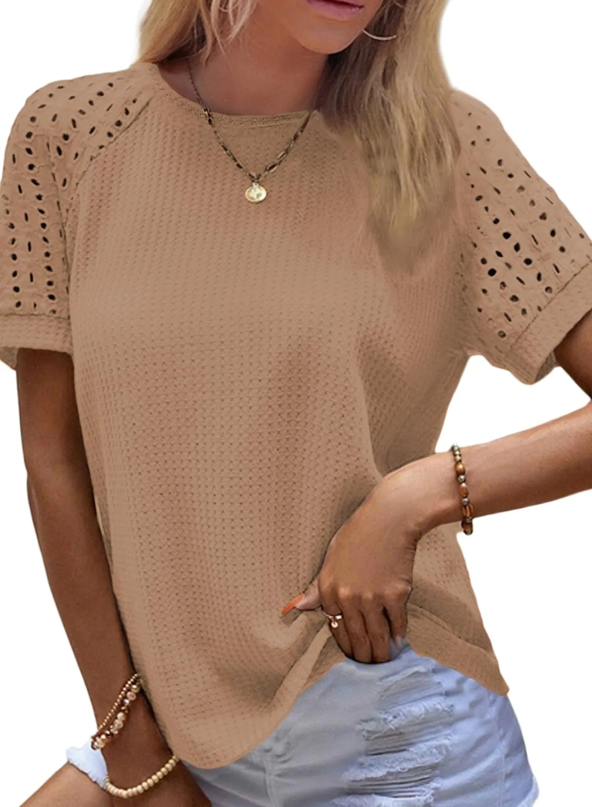 HOT SALE Women's Casual Crew Neck Hollow Out Raglan Short Sleeve Waffle Knit Tops