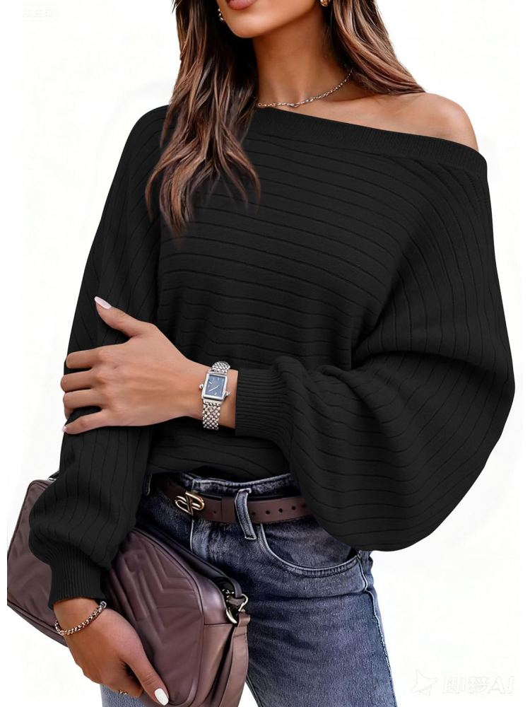 Women's loose boat neck pullover long-sleeved knit sweater