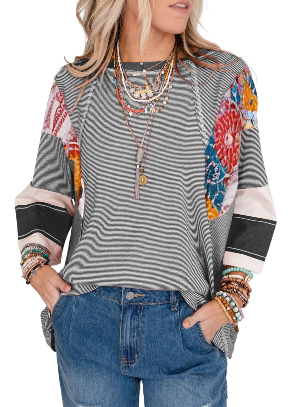 2025 New Women's 3/4 Length Sleeve Oversized Striped Patchwork Shirts(buy 2 free shipping)