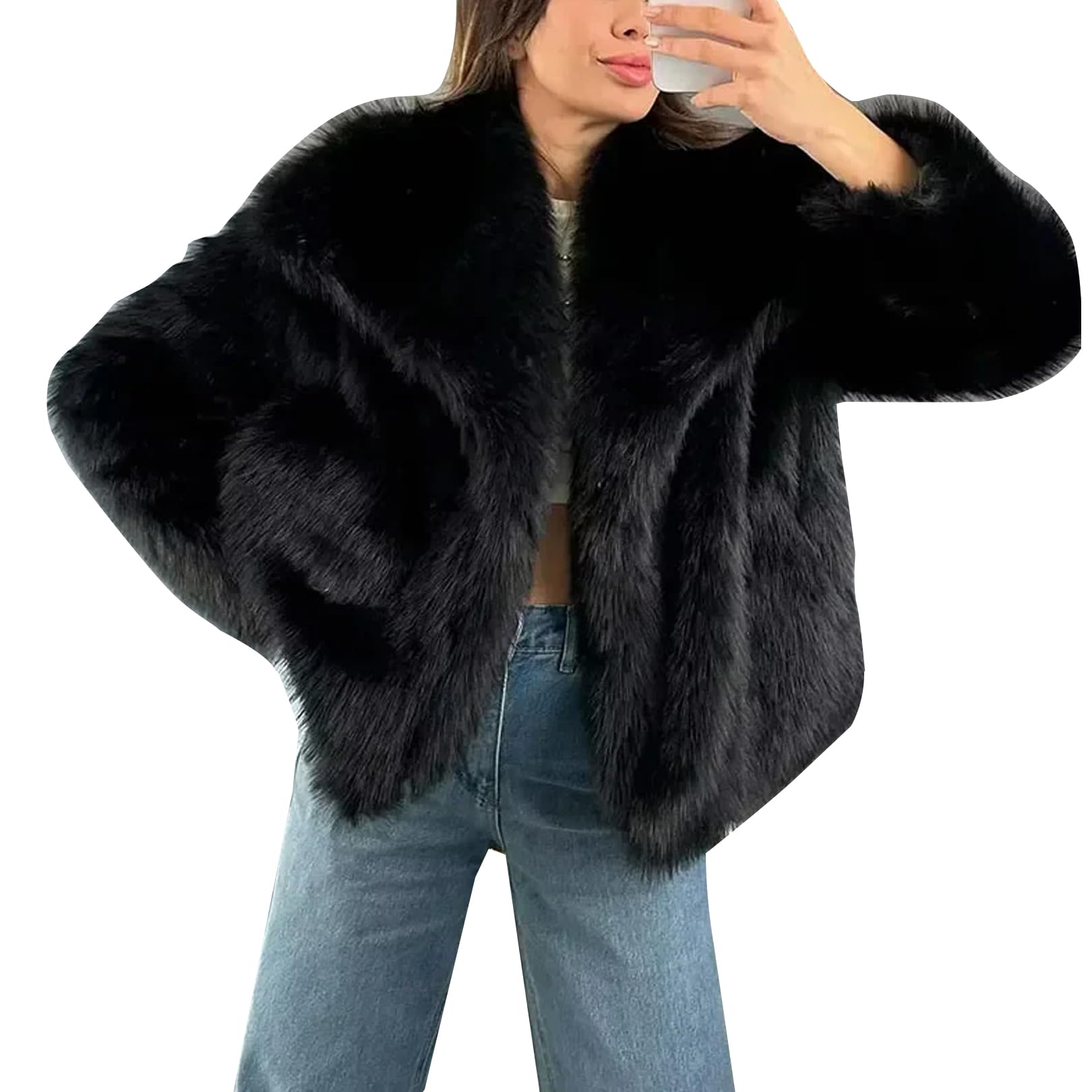 Women  Faux Fur Long Sleeves Loose Open Front  Coat