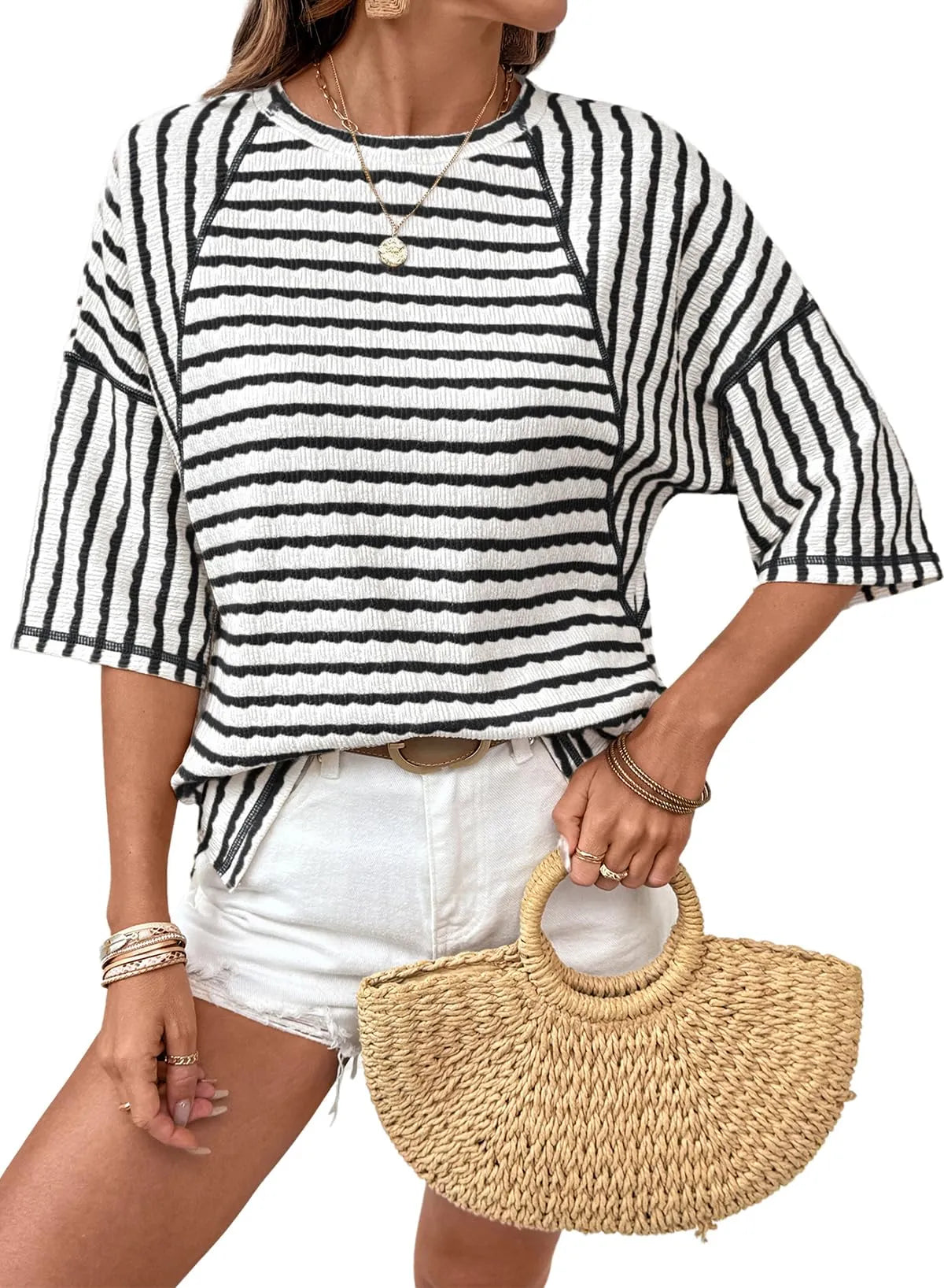 Women Stripe Textured Knit Split Hem Top (buy 2 free shipping)