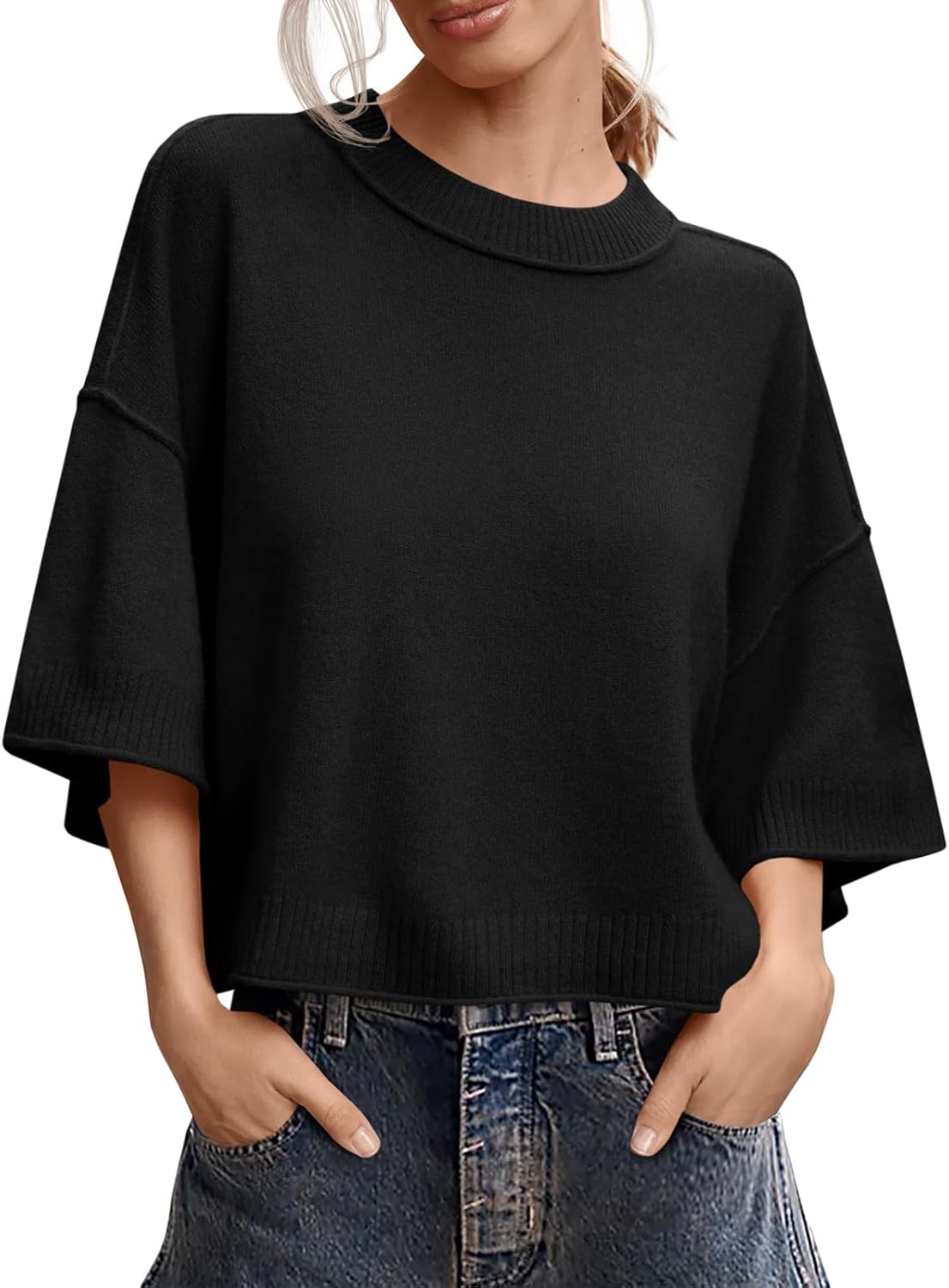 Womens Short Sleeve Oversized Crop Sweater Tops