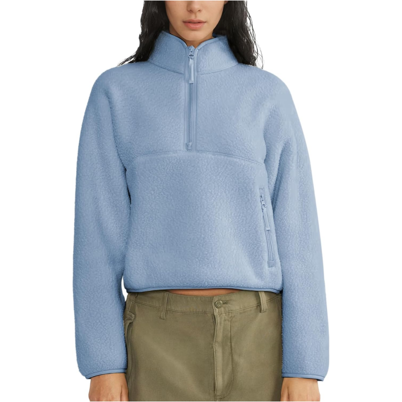 Womens Cropped Half Zip Fuzzy Warm Sherpa Fleece Pullover with Zipper Pockets