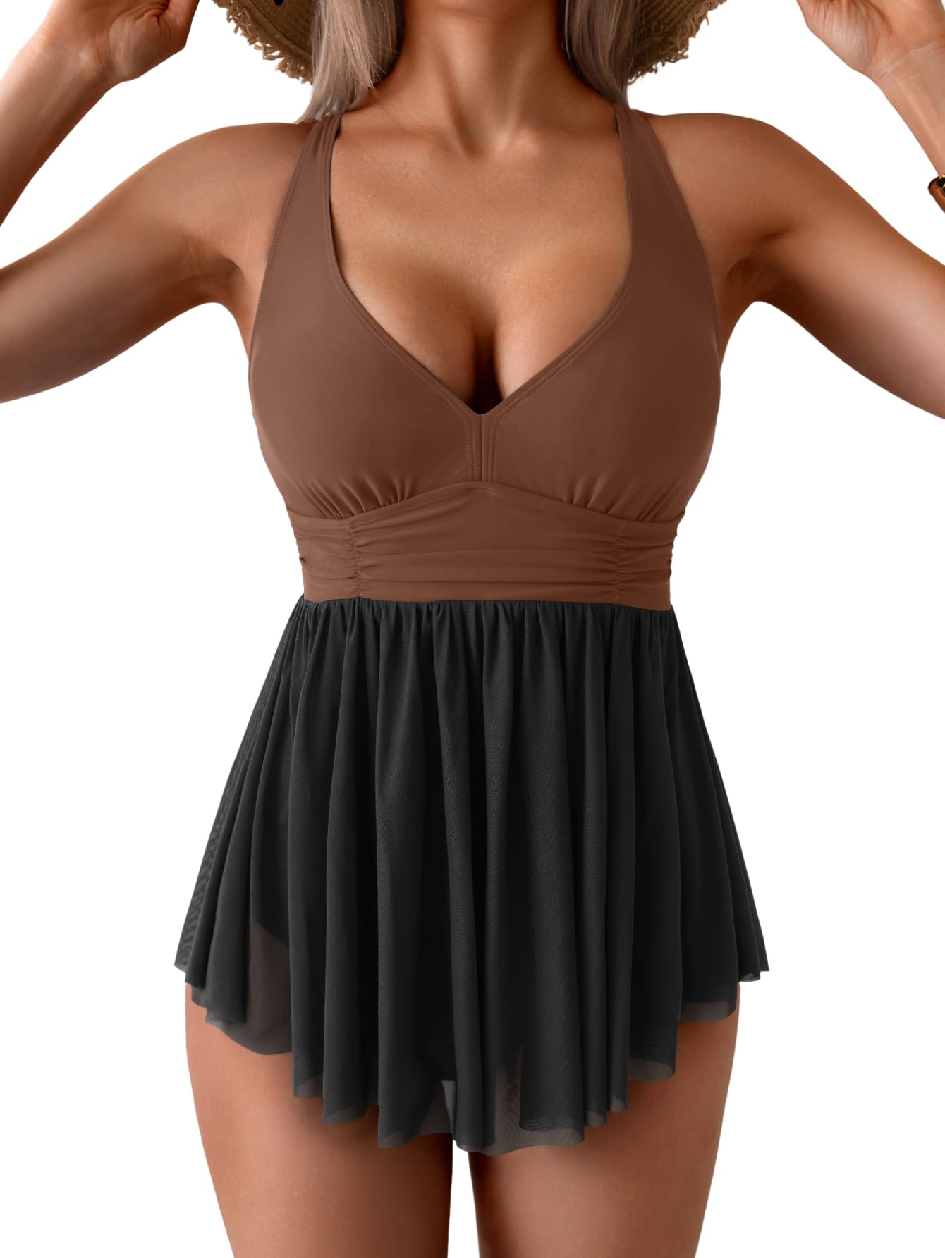 HOT SALE Women's One Piece Swim Dress Swimsuit Tummy Control Mesh Swimdress