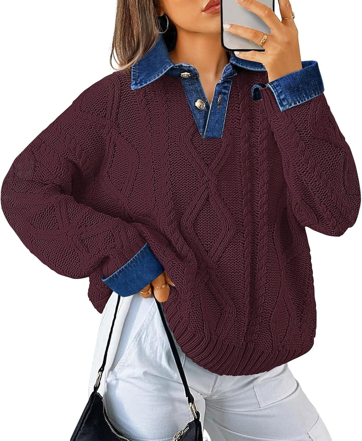 Womens Oversized Denim Polo Neck Cable Knit Sweaters 