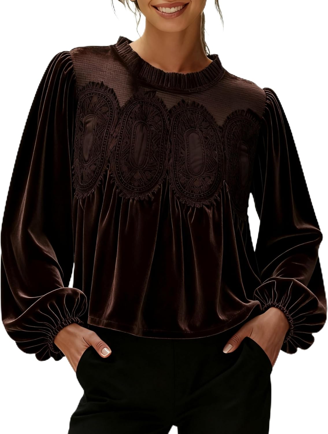 Women's Long Sleeve Velvet Trim Lace Blouse Elegant Flared Swing Top