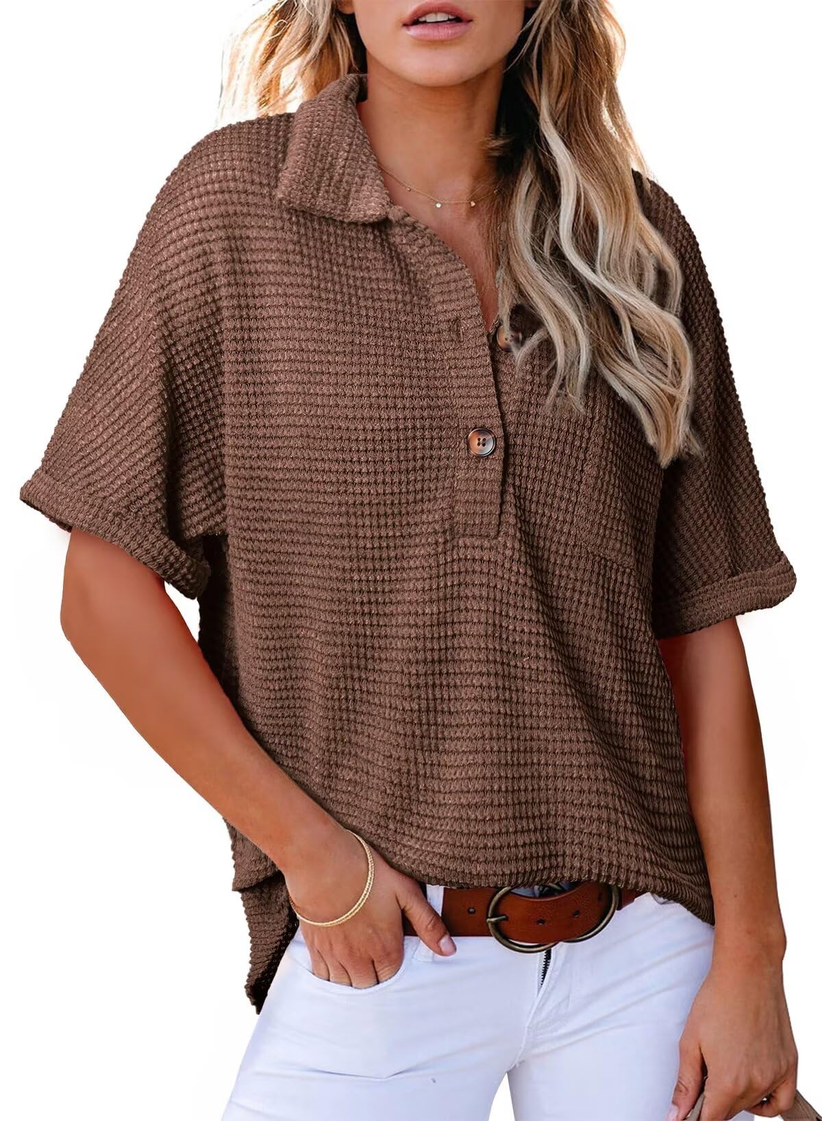 2025 New Women's Waffle Knit Short Sleeve Tunic Henley Shirts(buy 2 10% OFF)