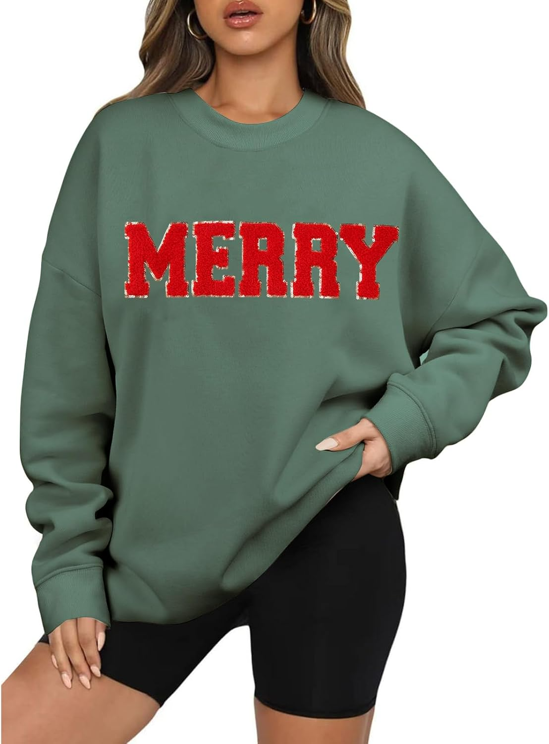 Merry Christmas Glitter Patch Oversized Sweatshirt (BUY 2 FREE SHIPPING)