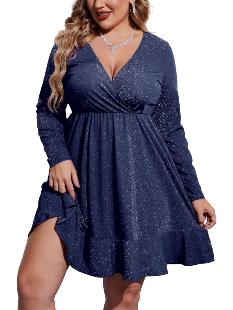 Womens Glitter Dress V Neck Long Sleeve Ruffle Hem Glitter Dress