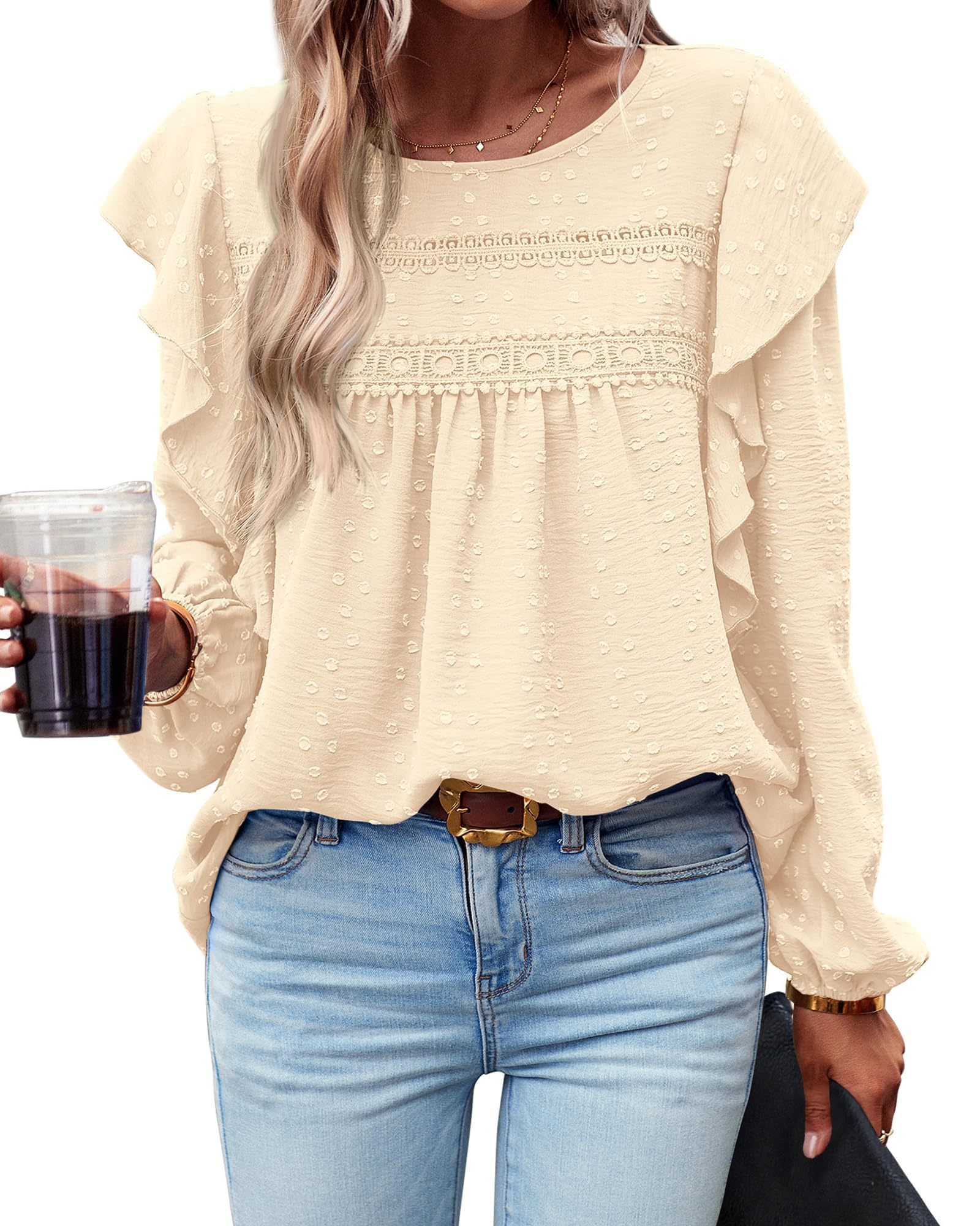 HOT SALE Women's Long Sleeve Ruffle Swiss Dot Crochet Tops