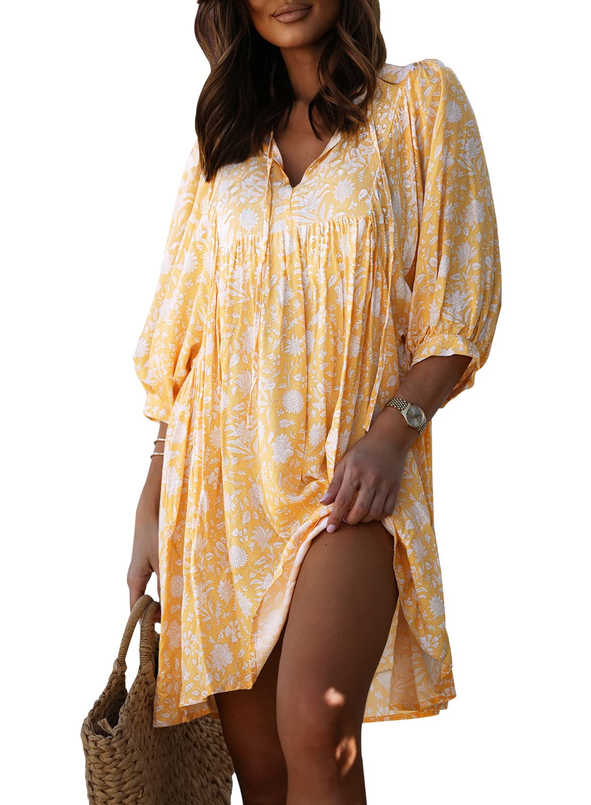 Women's Casual V Neck Bohemian Floral Mini Dresses