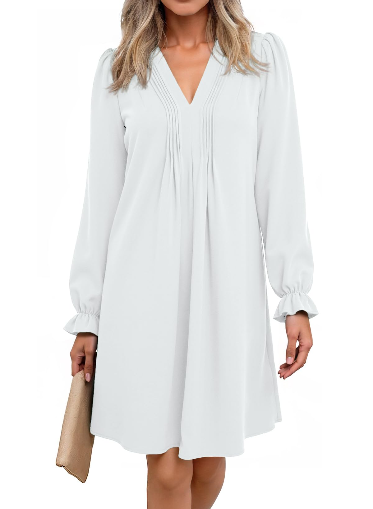 2025 New Womens Casual Ruffle Sleeve V Neck Pleated Flowy Shirt Dresses(BUY 2 FREE SHIPPING)