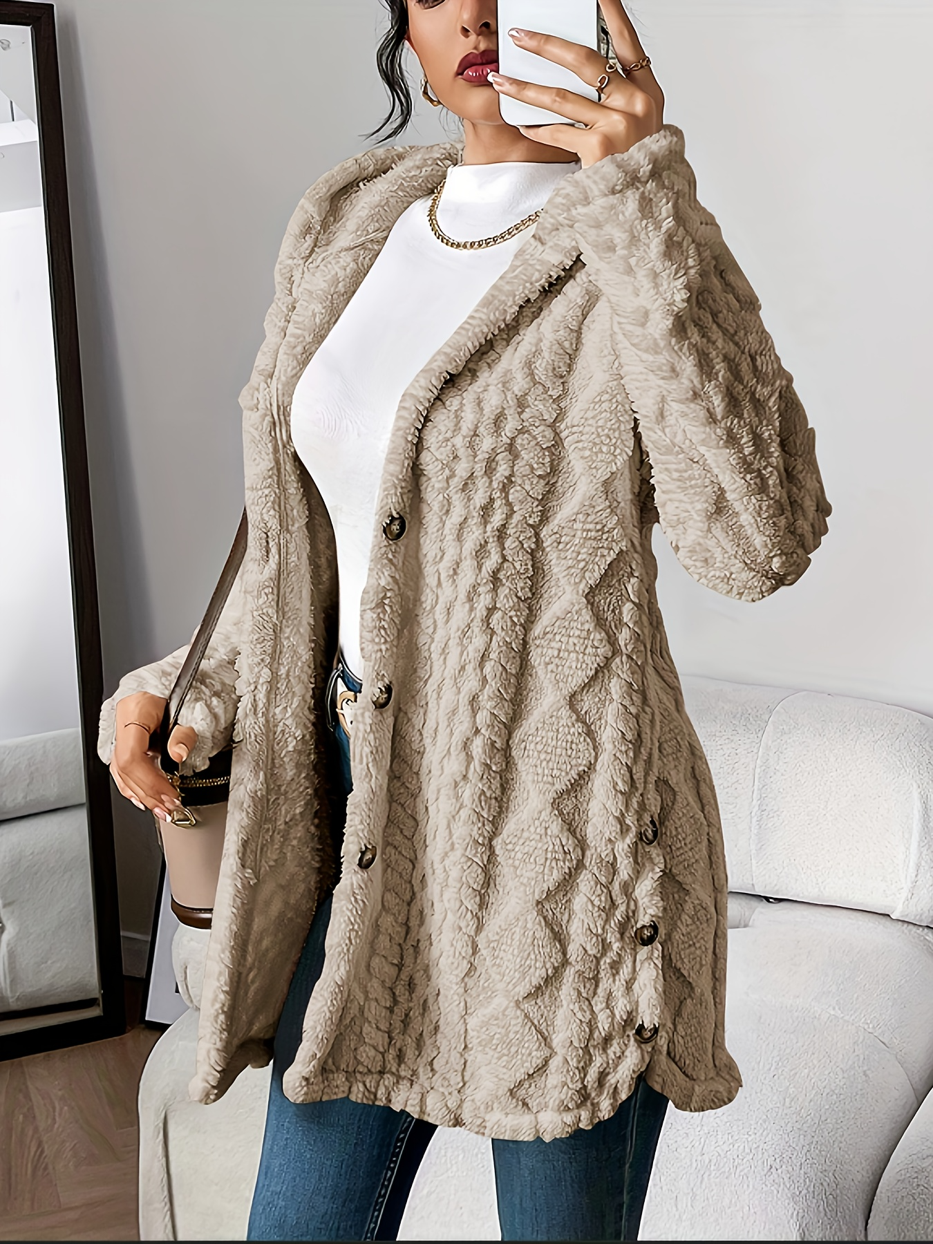 Womens Cozy Quilted Faux Fur Hooded Cardigan