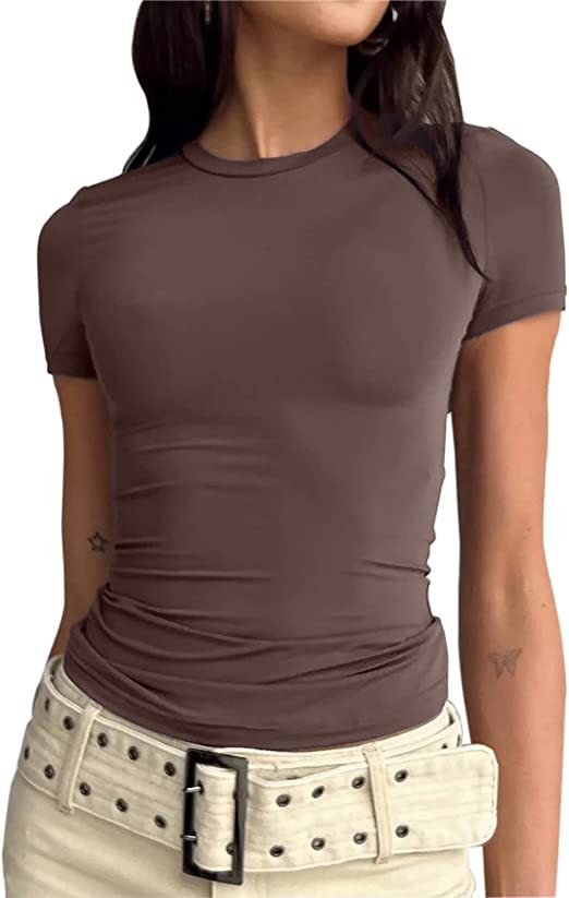 Slim Fit Short Sleeve Crew Neck Tight T Shirts-Pink Laura