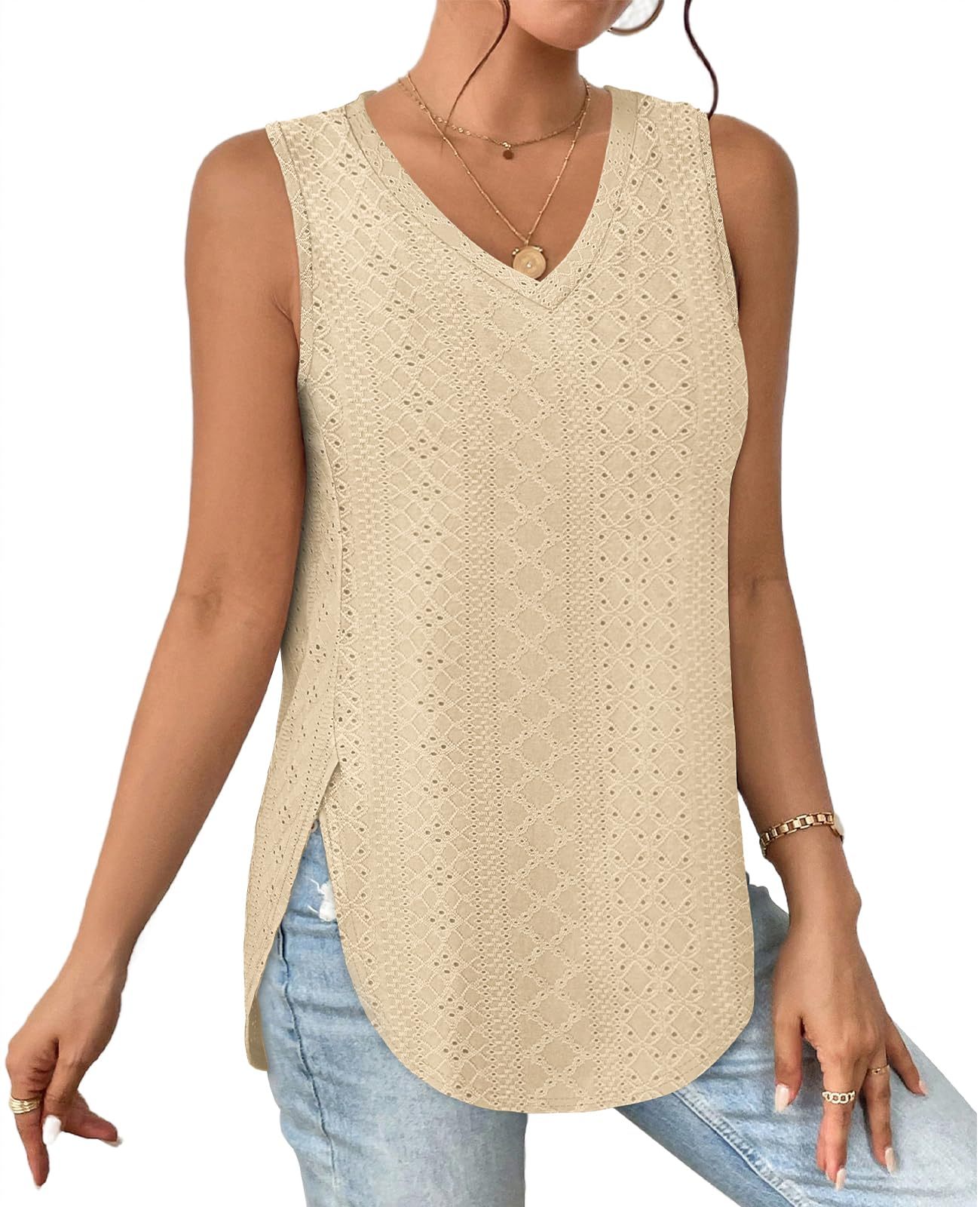 HOT SALE Women's V Neck Eyelet Embroidery Casaul Sleeveless Tank Tops