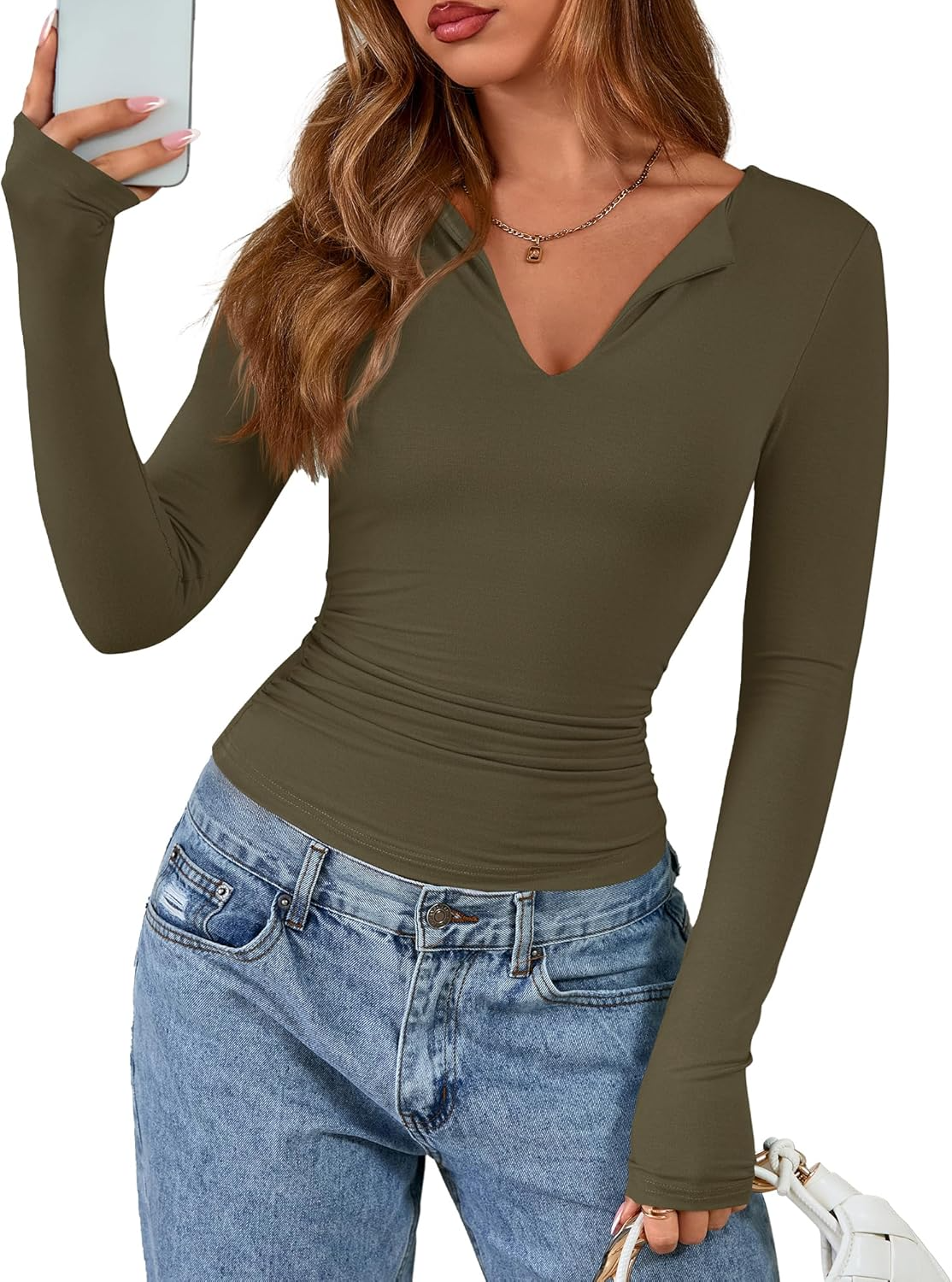 Women Fashion V Neck Knit Ruched Slim Fit Casual Basic Tees